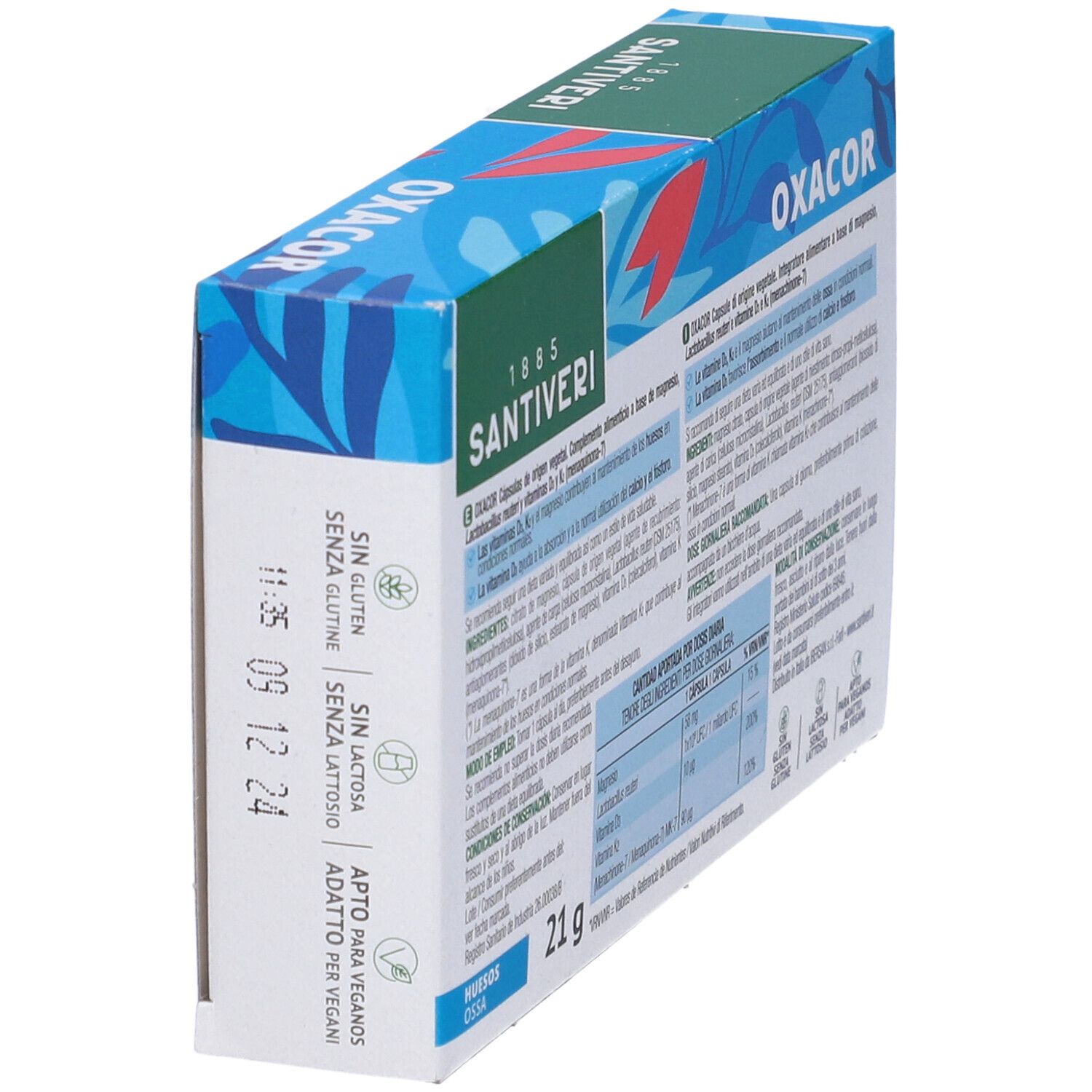 OXACOR K2-Verpackung, schräg. Enthält Informationen zu Inhaltsstoffen, Nährwerten und Gebrauchsanweisung. Glutenfrei, laktosefrei, vegan.