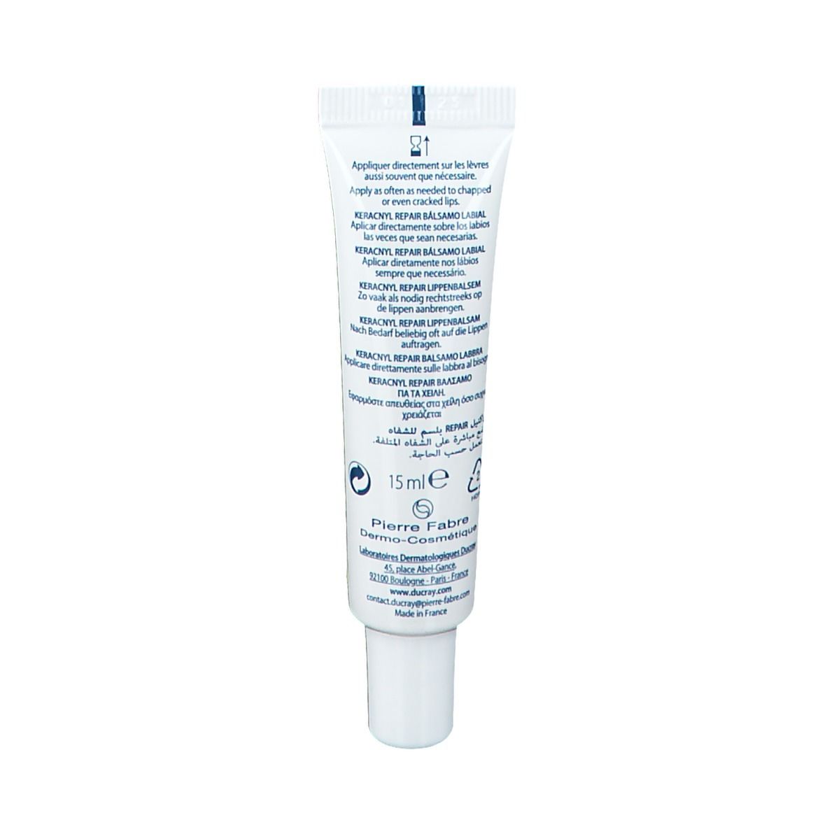 Rückseite der Tube Ducray Keracnyl Repair Lippenbalsam. Text in mehreren Sprachen. 15ml.