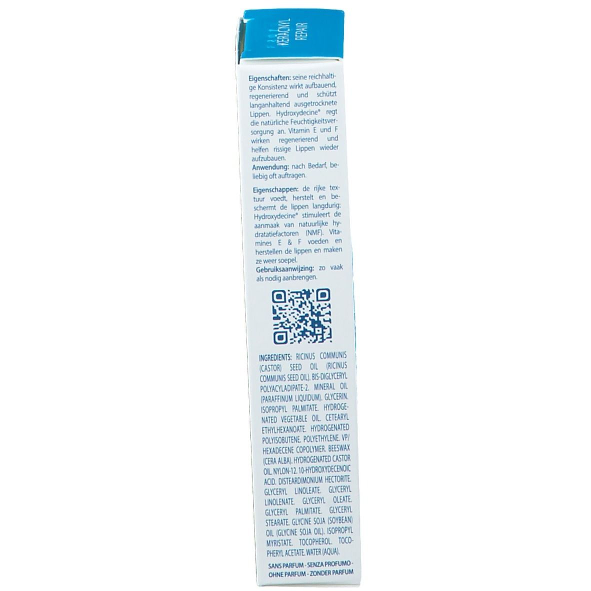 Rückseite der Schachtel Ducray Keracnyl Repair Lippenbalsam. Inhaltsstoffe und Anwendungshinweise.