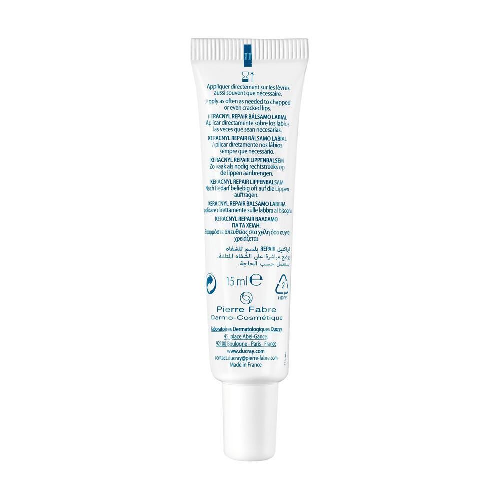 Rückseite der Tube Ducray Keracnyl Repair Lippenbalsam. Text in mehreren Sprachen. 15ml.