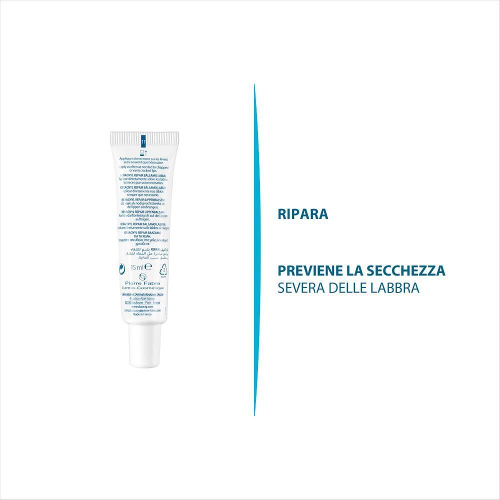 Kleine Tube Ducray Keracnyl Repair Lippenbalsam. Rückseite mit Text. 15ml.