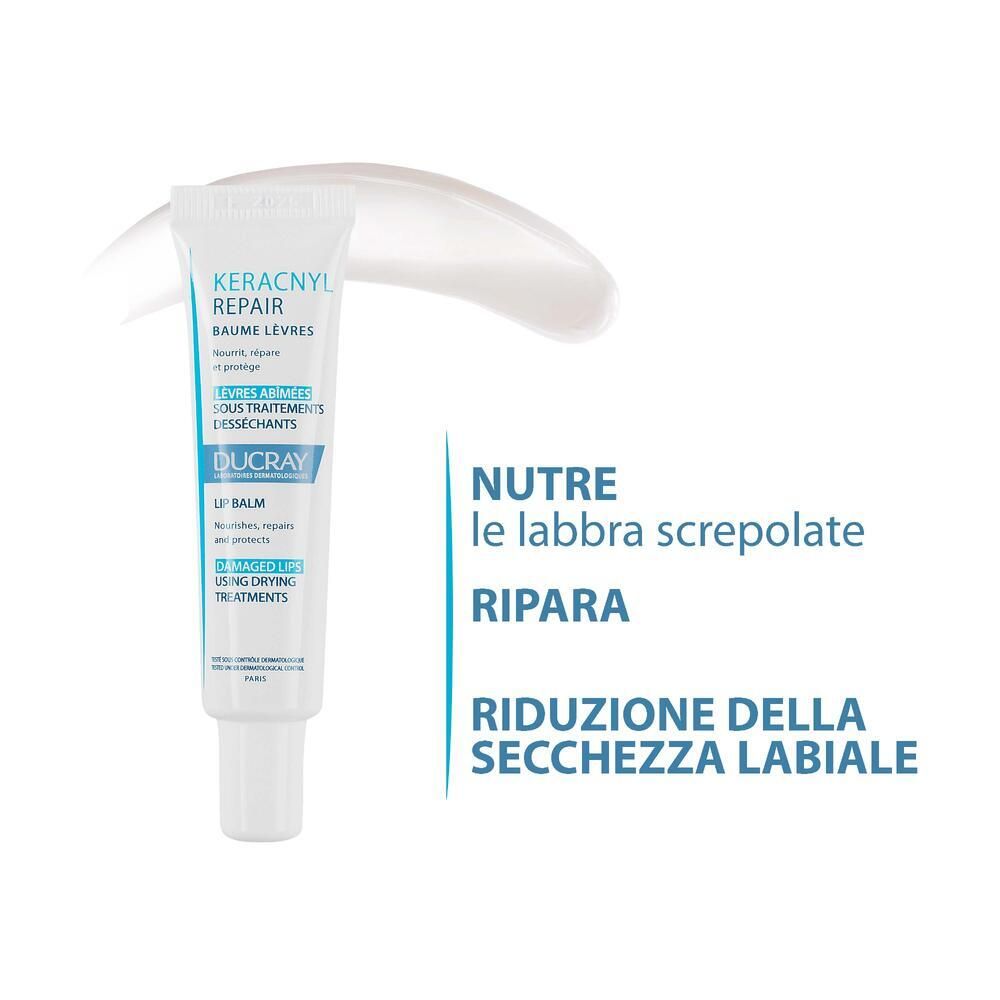 Tube Ducray Keracnyl Repair Lippenbalsam und Creme. Text: Nährt, repariert, reduziert Trockenheit.