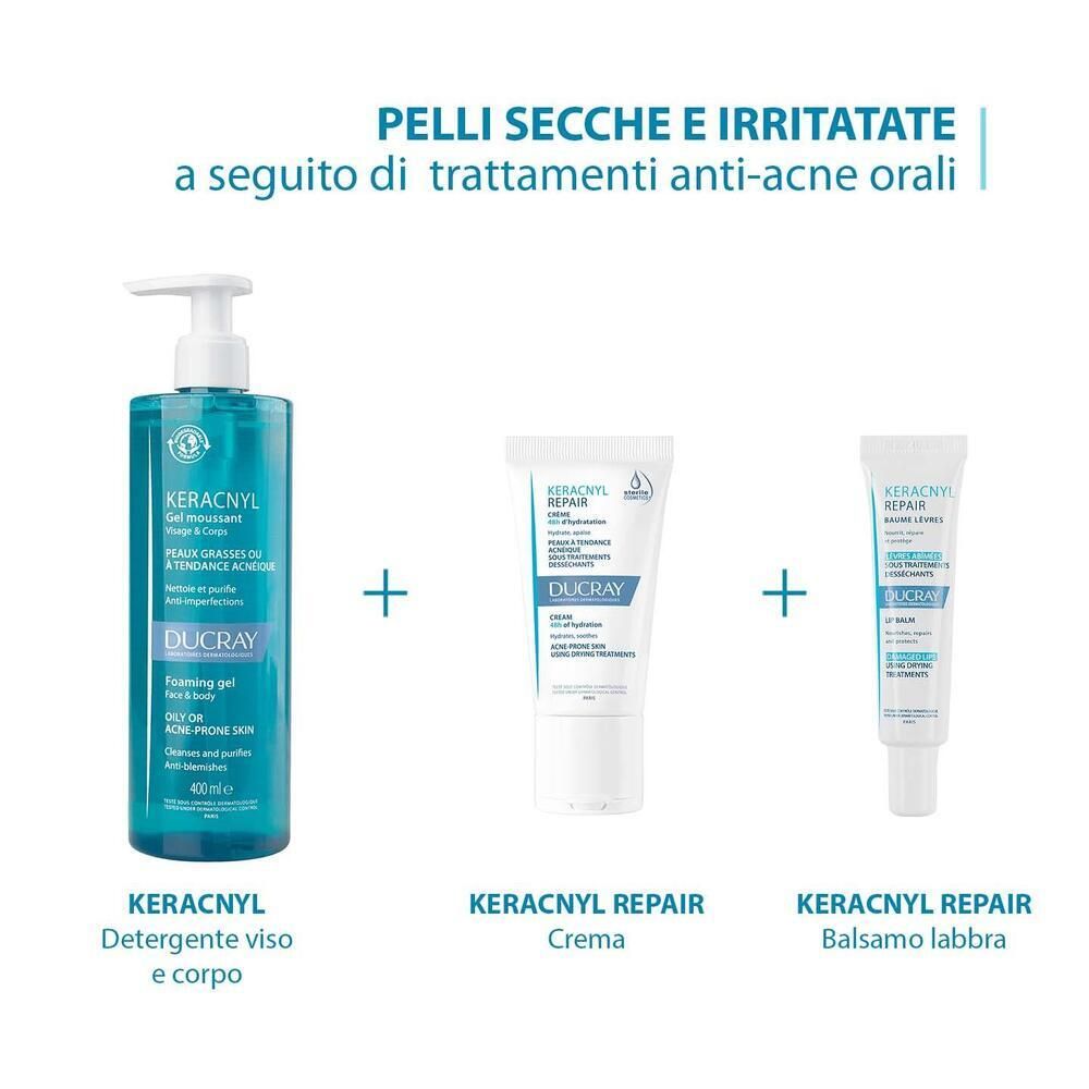 Drei Produkte: Ducray Keracnyl Reinigungsgel, Creme und Lippenbalsam. Für trockene, gereizte Haut.
