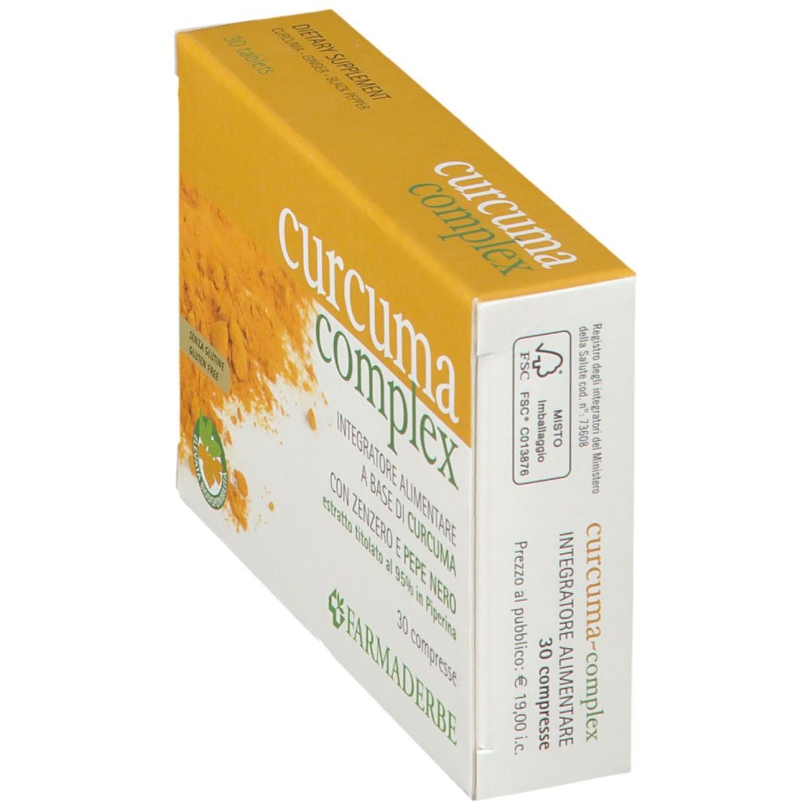 Confezione inclinata "curcuma complex" con 30 compresse. Marchio: FARMADERBE.