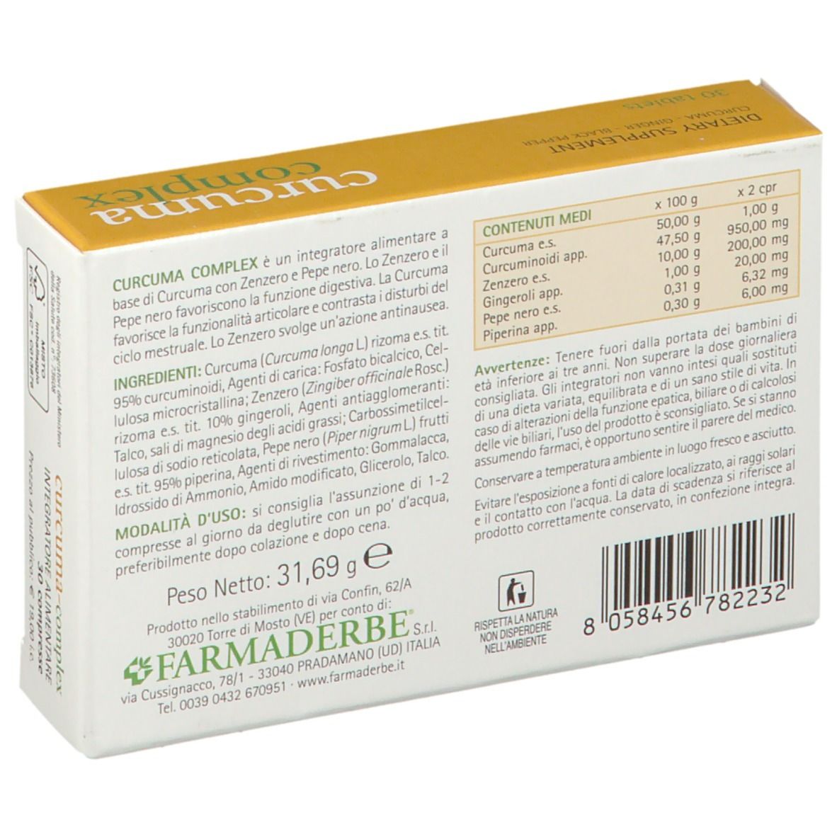 Retro confezione "curcuma complex" con ingredienti e informazioni nutrizionali.