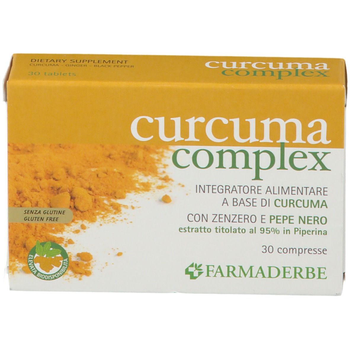 Scatola "curcuma complex" con 30 compresse. Senza glutine. Marchio: FARMADERBE.