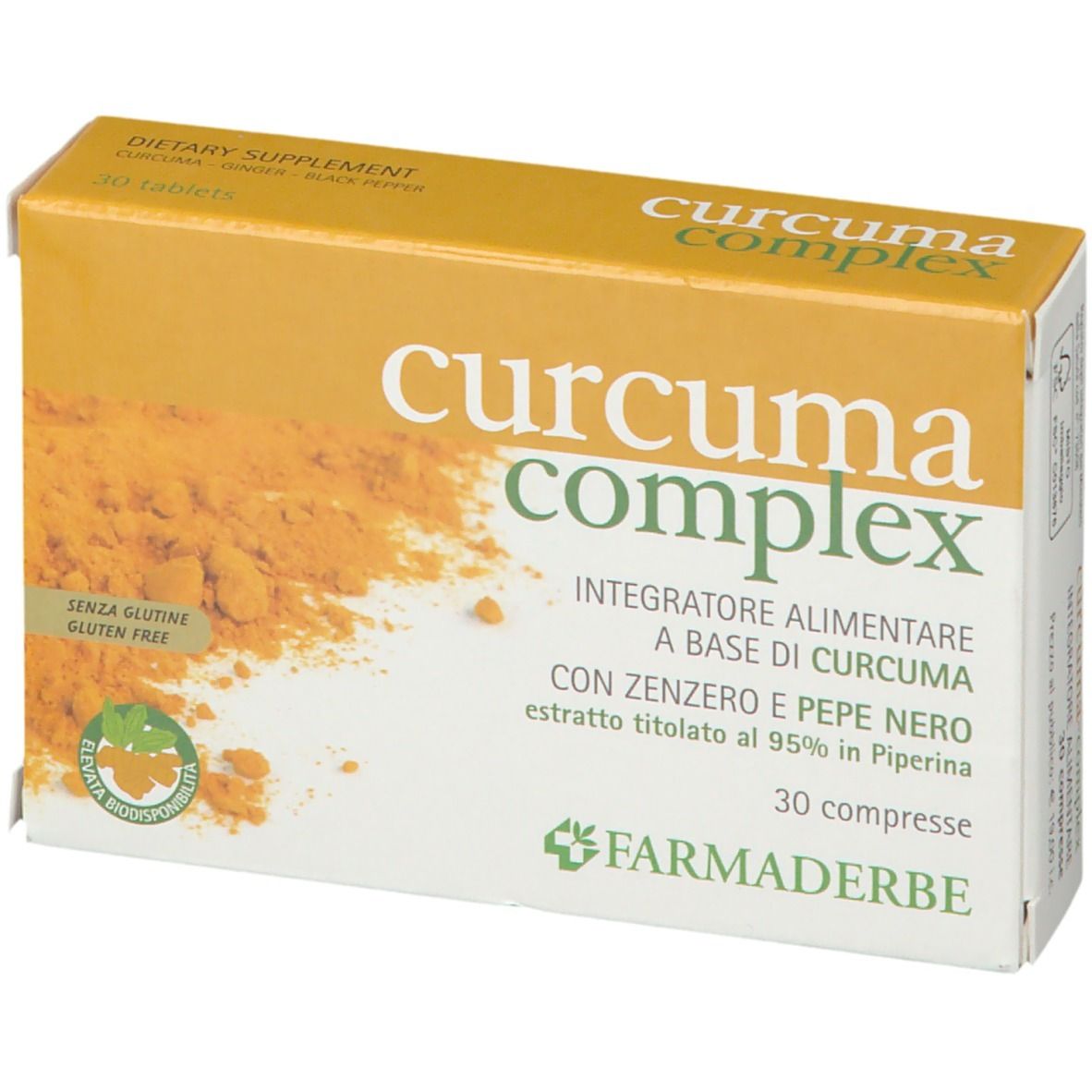 Scatola "curcuma complex" con 30 compresse. Marchio: FARMADERBE.