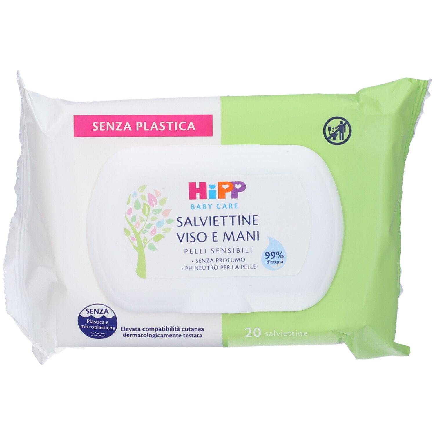 Verpackung HiPP Baby Care Salviettine Viso e Mani. Weiße und grüne Verpackung mit Deckel. Aufschrift: SALVIETTINE VISO E MANI. 20 Stück.