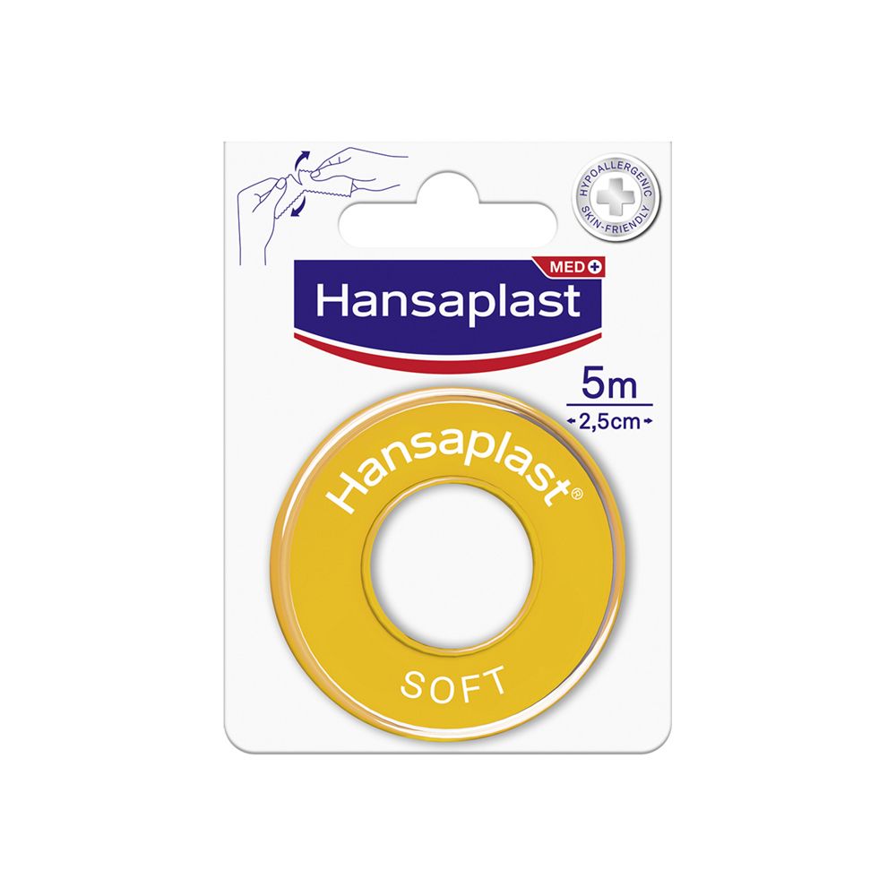 Gelbes Hansaplast Soft Cerotto Rocchetto auf Verpackung. 5 m x 2,5 cm. Hypoallergen, hautfreundlich.