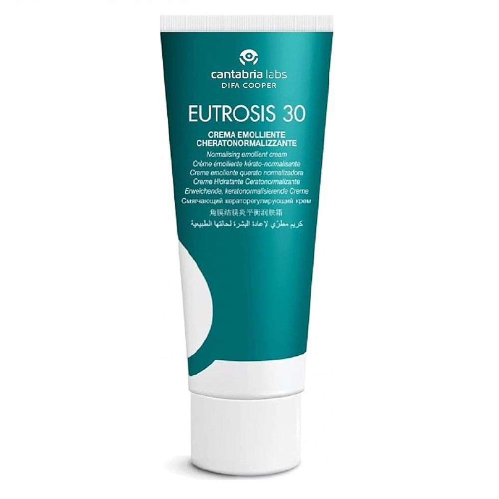 Tubo di crema Eutrosis 30. Design turchese e bianco. Scritte multilingue.