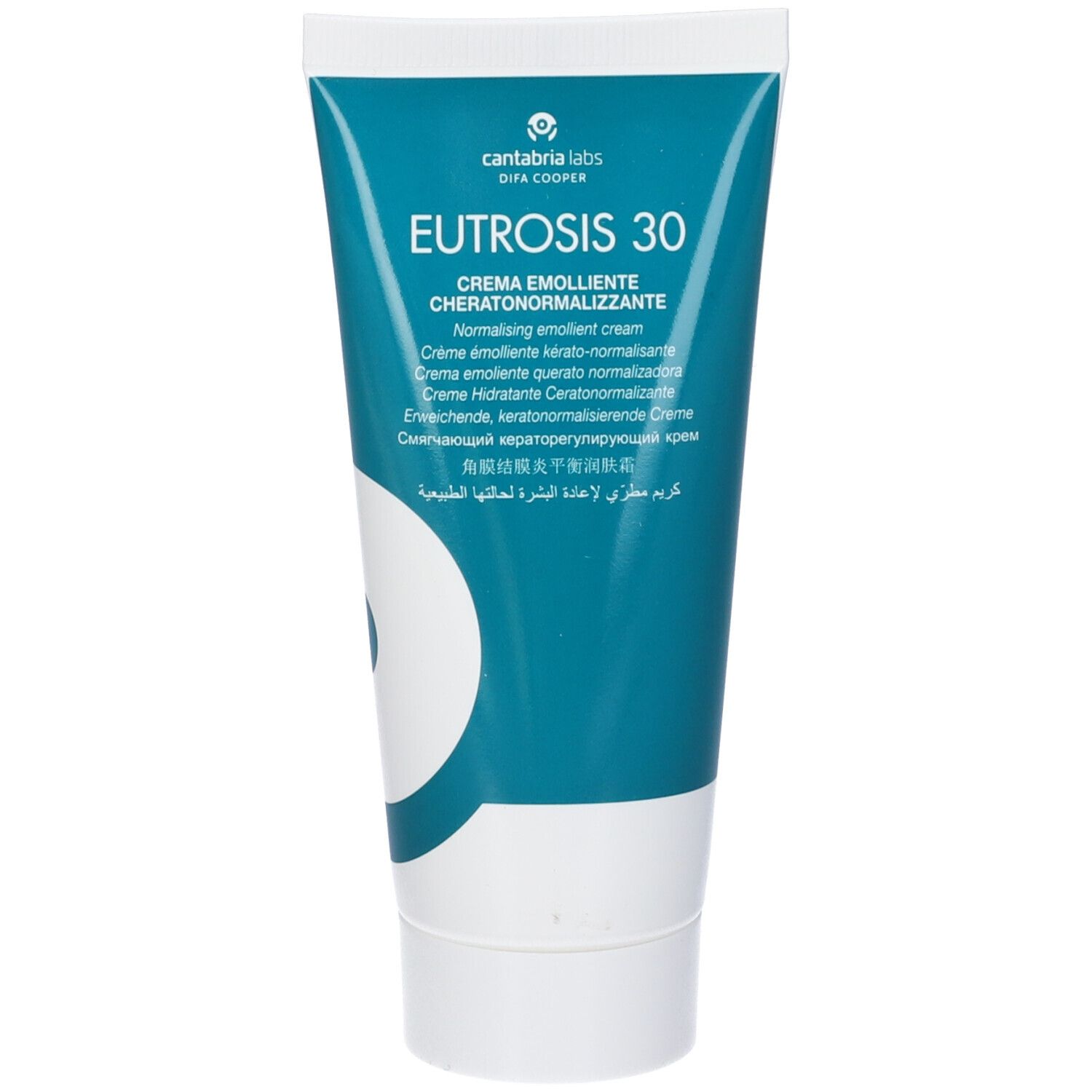 Tubo di crema Eutrosis 30. Design turchese e bianco. Scritte multilingue.