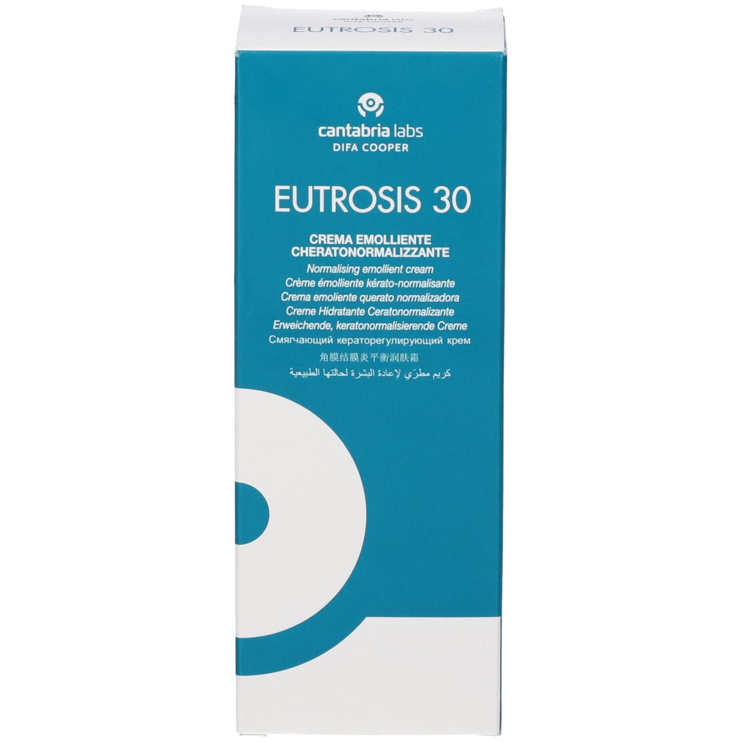Confezione del prodotto Eutrosis 30. Design turchese e bianco. Scritte multilingue.