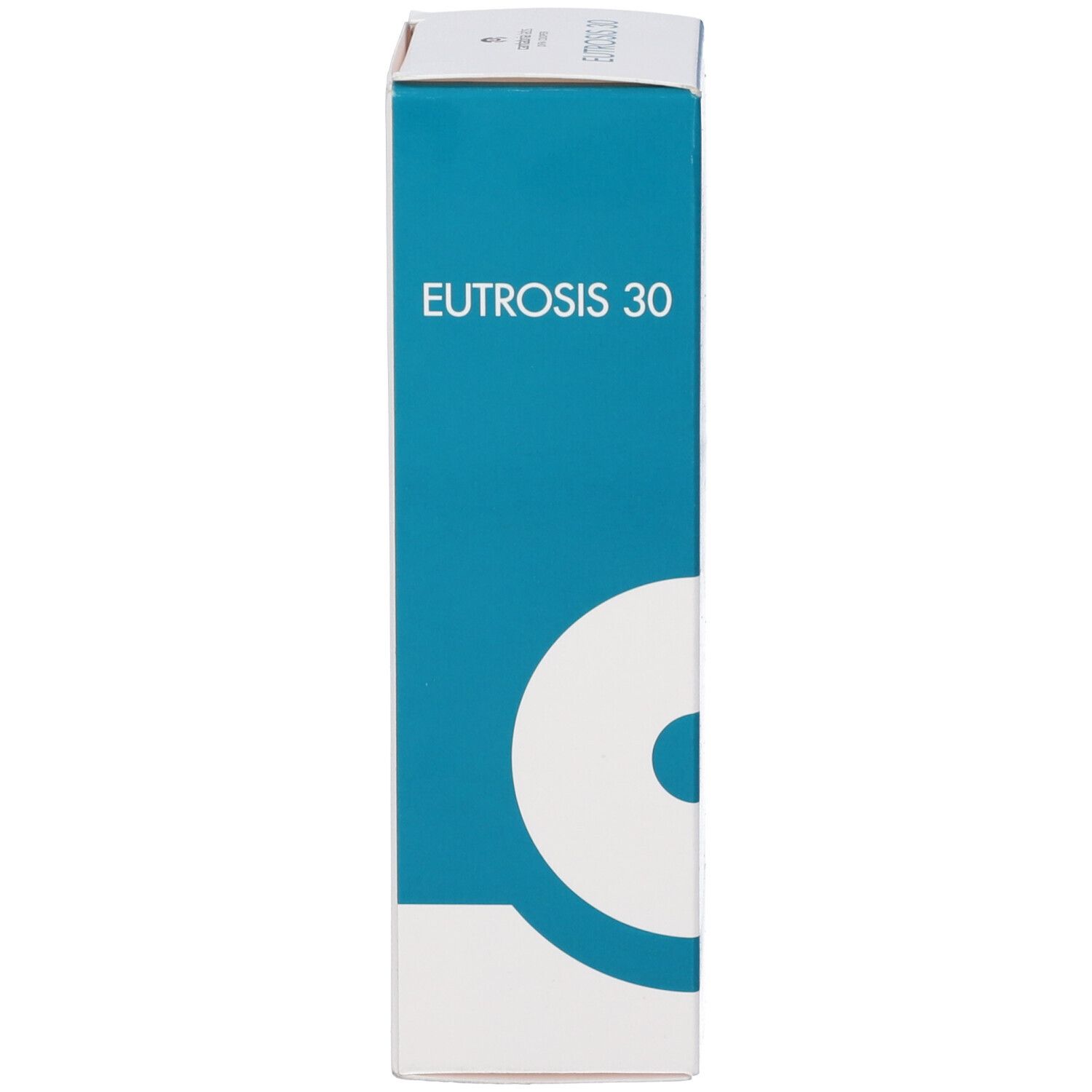 Vista laterale della confezione Eutrosis 30. Design turchese e bianco. Nome del prodotto.