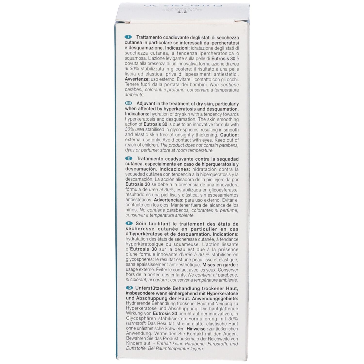 Retro della confezione Eutrosis 30. Informazioni multilingue sul prodotto.