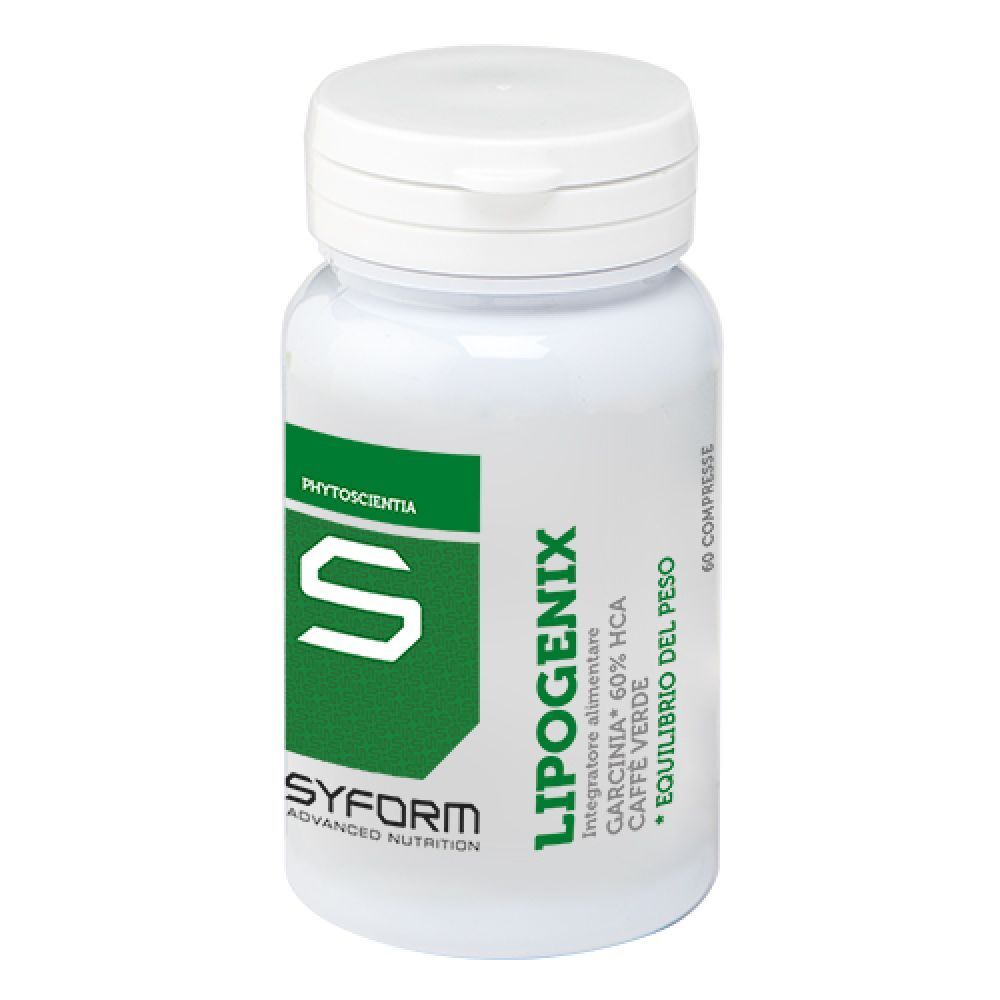 Flacone bianco con etichetta verde. Scritta: Lipogenix, Syform Advanced Nutrition, 60 compresse. Contiene Garcinia e caffè.