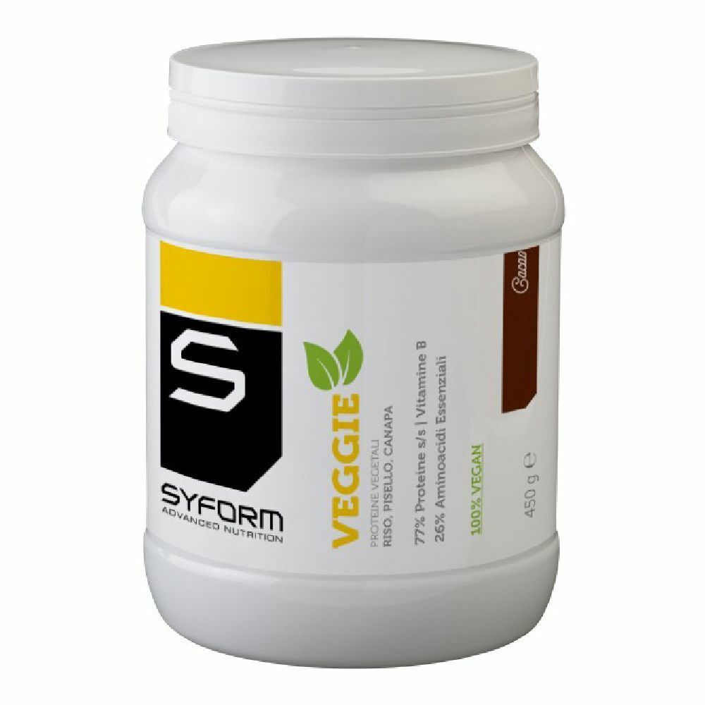 Barattolo bianco con etichetta gialla. Logo 'S' nero. Testo 'Veggie' e '450 g'. 100% Vegan.