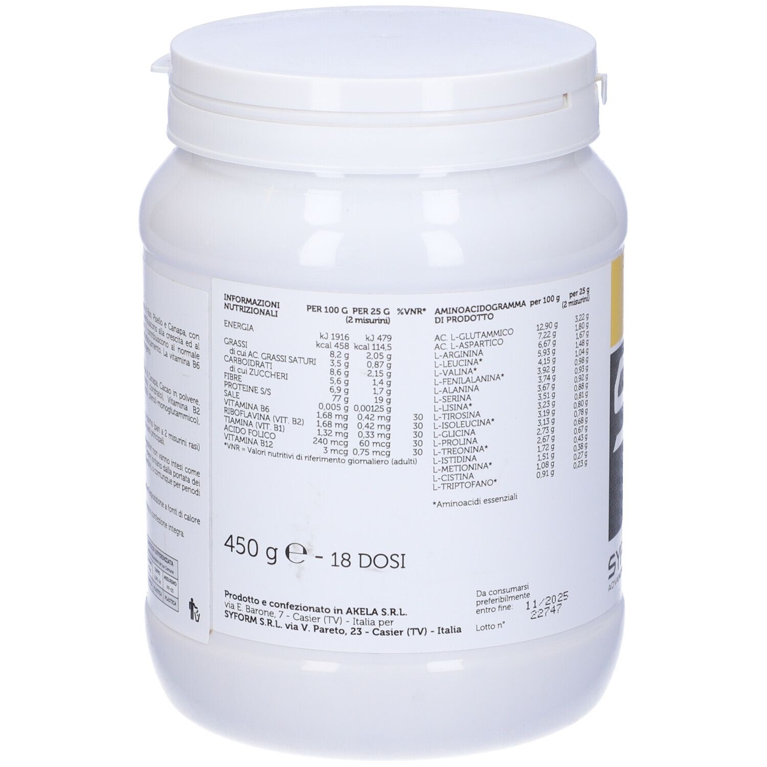 Barattolo bianco con etichetta gialla. Logo 'S' nero. Testo 'Veggie'. Informazioni nutrizionali. 450 g.