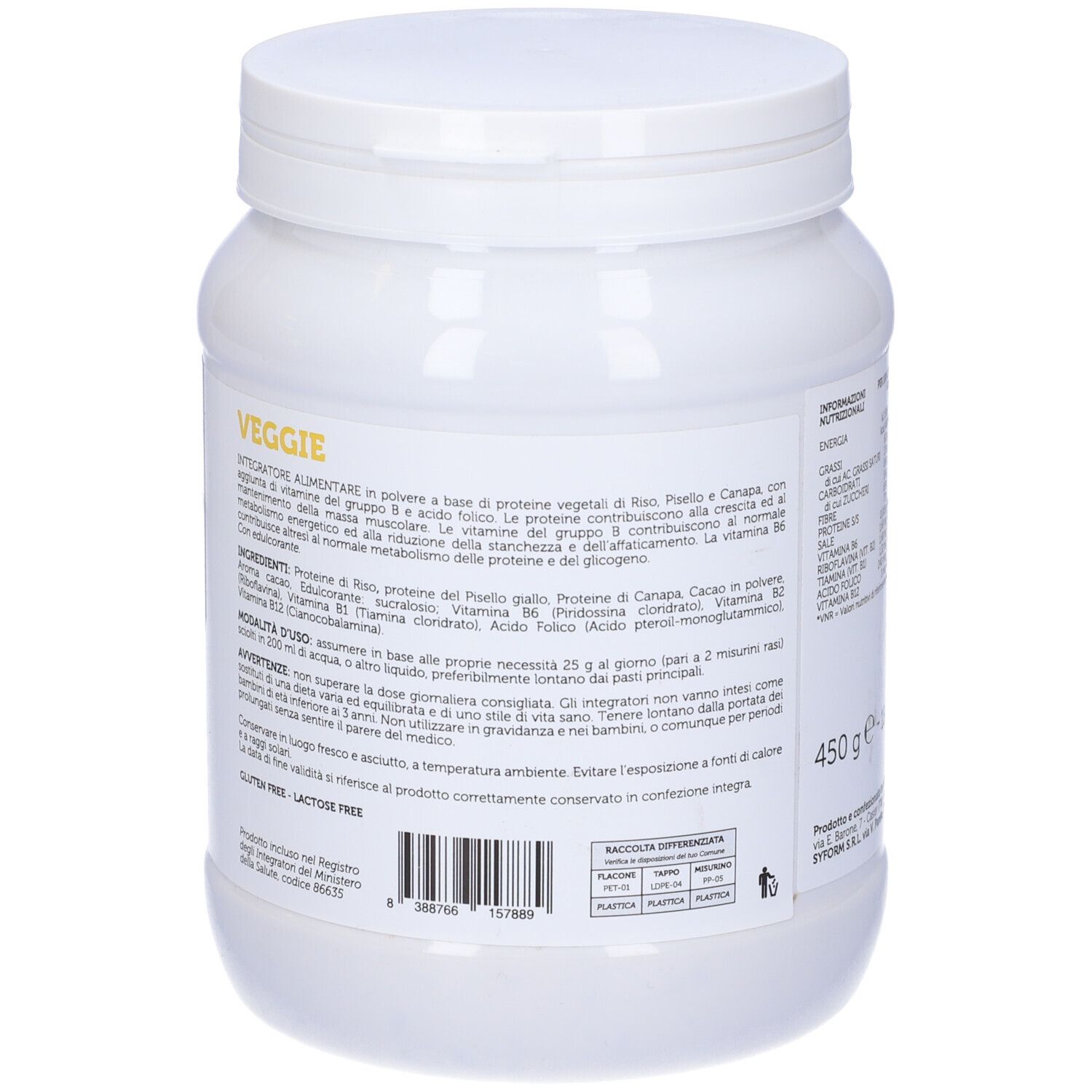 Barattolo bianco con etichetta gialla. Logo 'S' nero. Testo 'Veggie'. Elenco ingredienti. 450 g.