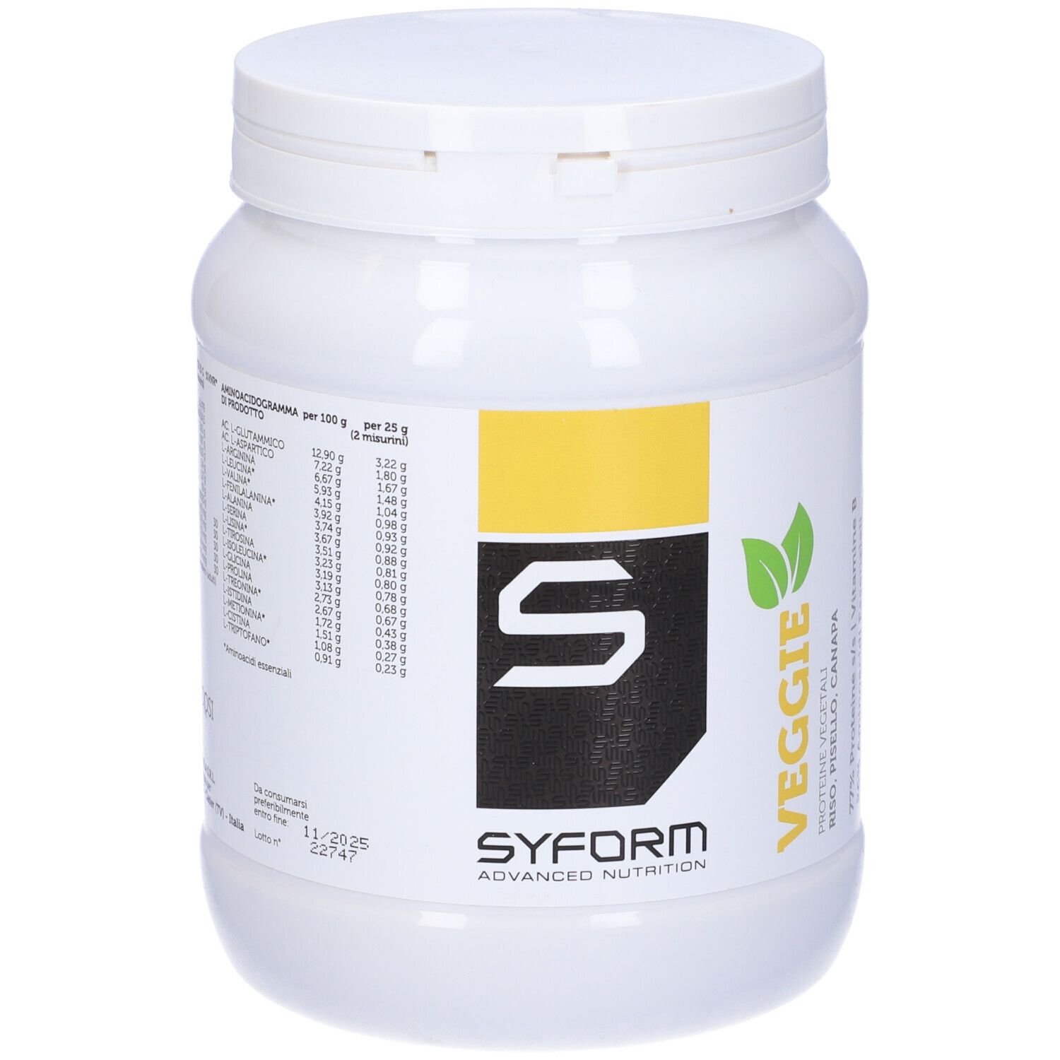 Barattolo bianco con etichetta gialla. Logo 'S' nero. Testo 'Veggie'. Informazioni nutrizionali. 450 g.