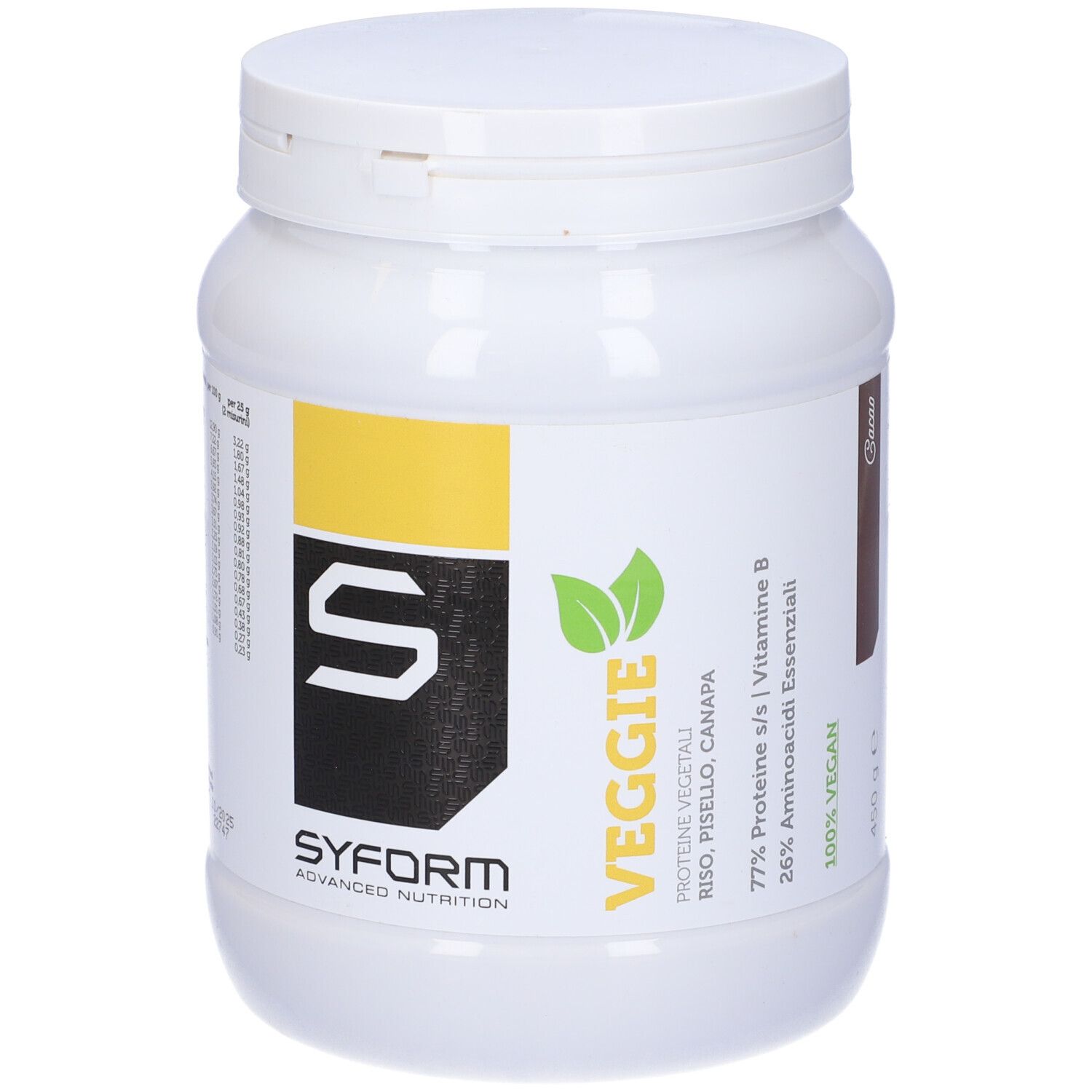 Barattolo bianco con etichetta gialla. Logo 'S' nero. Testo 'Veggie'. Informazioni nutrizionali. 450 g.