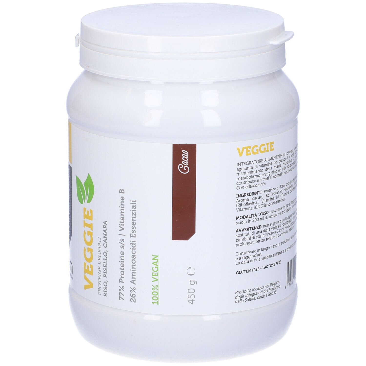 Barattolo bianco con etichetta gialla. Logo 'S' nero. Testo 'Veggie'. 450 g. Testo 'Cacao'.