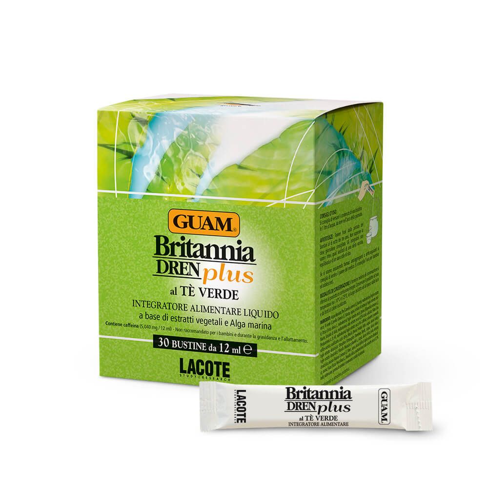 GUAM Britannia Dren Plus Al Tè Verde. Scatola con 30 bustine. Una bustina è accanto.