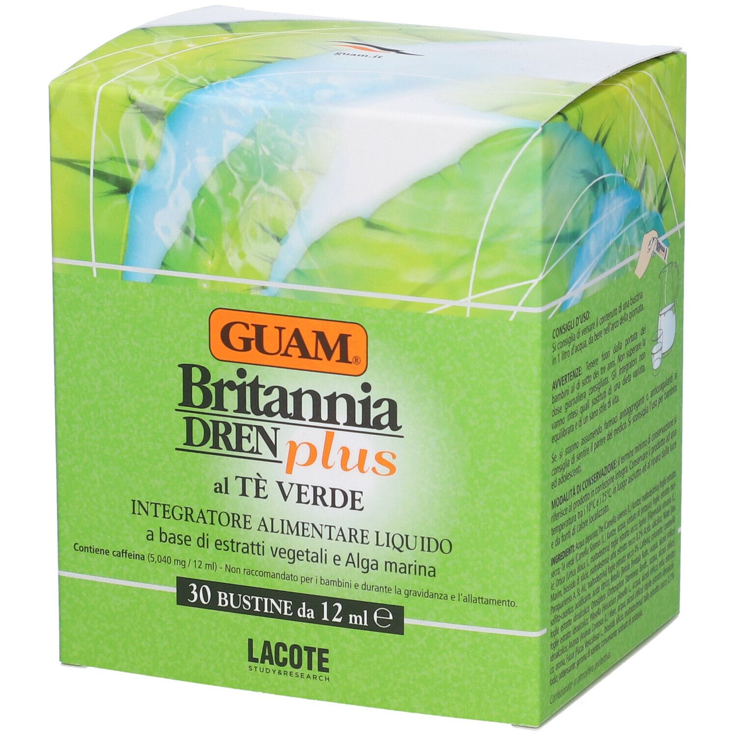 GUAM Britannia Dren Plus Al Tè Verde. Scatola verde con informazioni e logo.