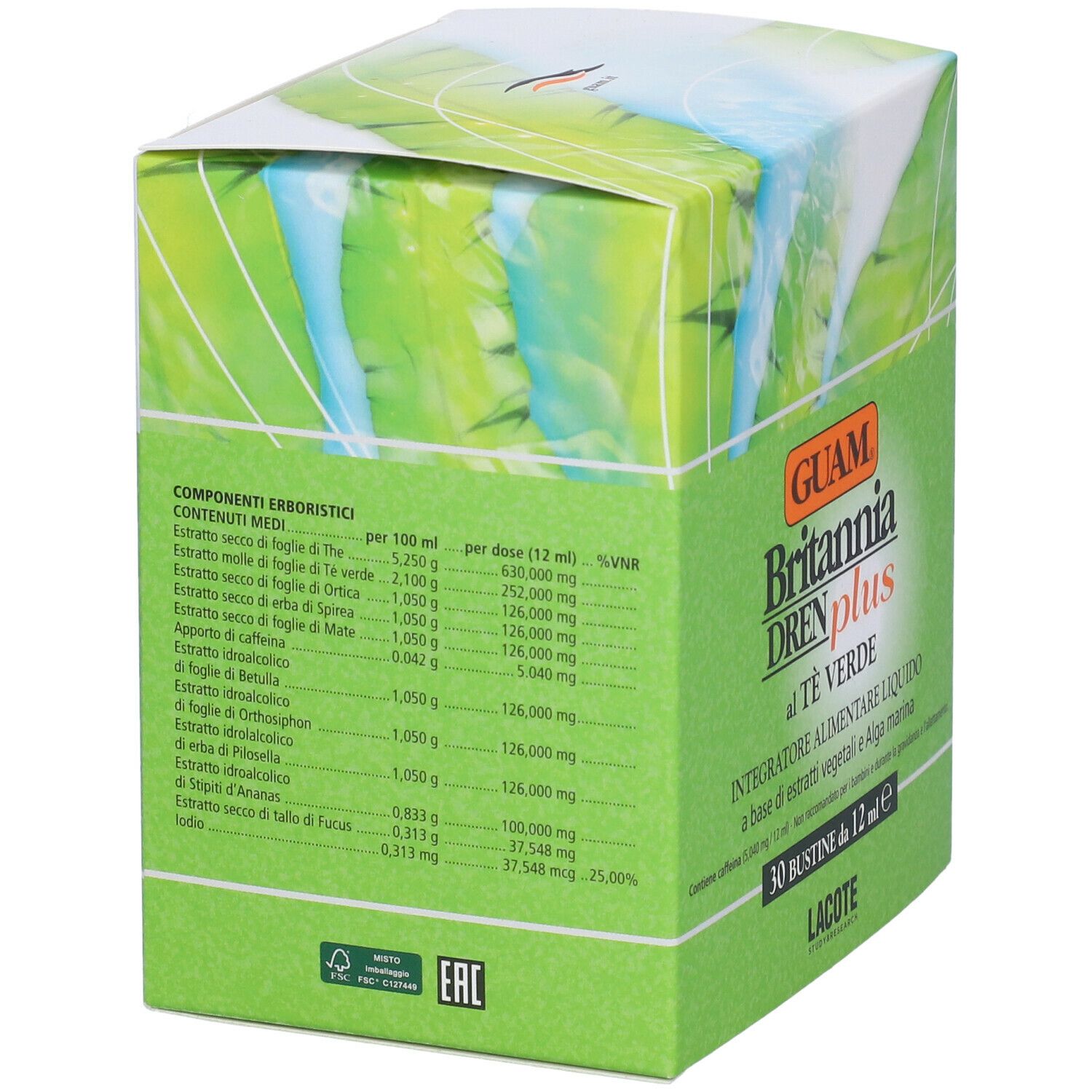 GUAM Britannia Dren Plus Al Tè Verde. Retro della scatola con elenco ingredienti.