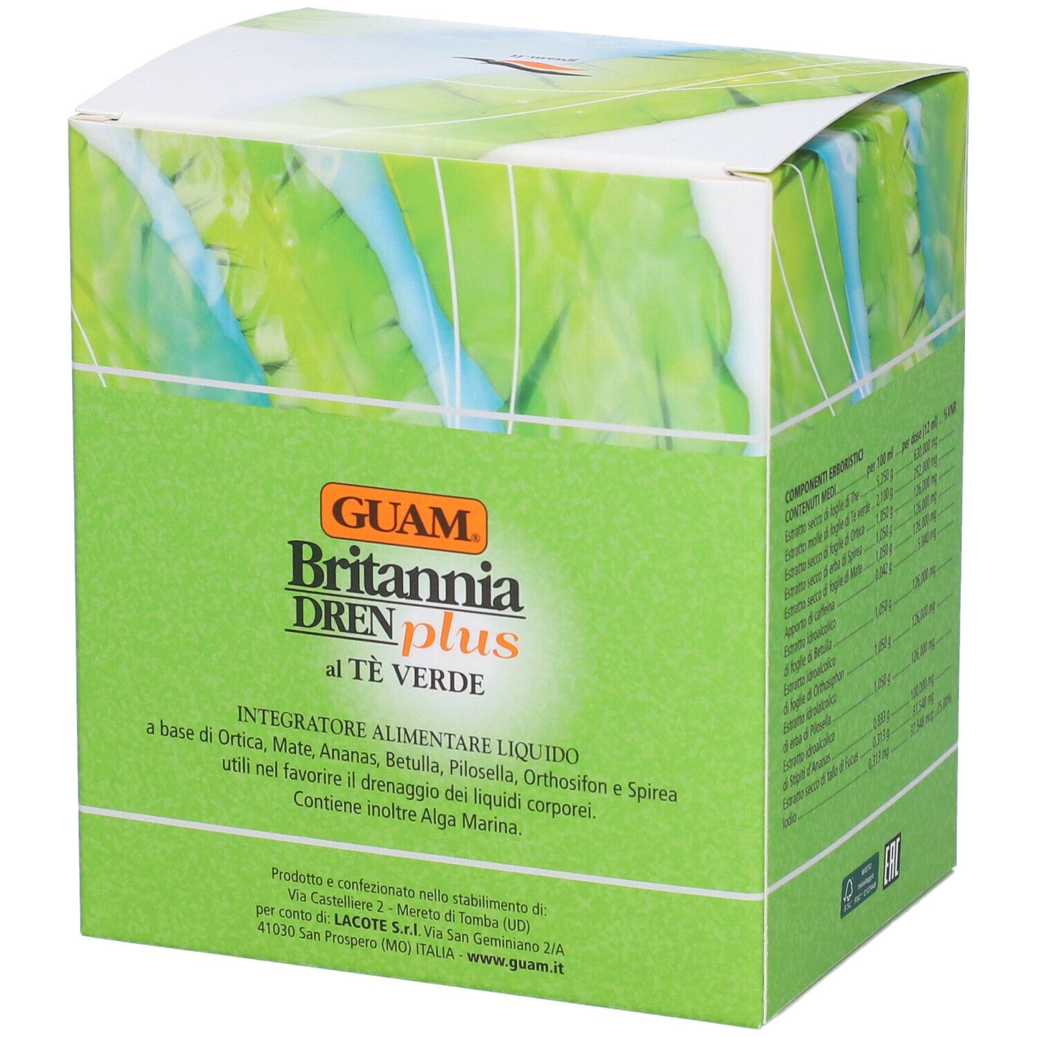 GUAM Britannia Dren Plus Al Tè Verde. Scatola con informazioni e ingredienti.