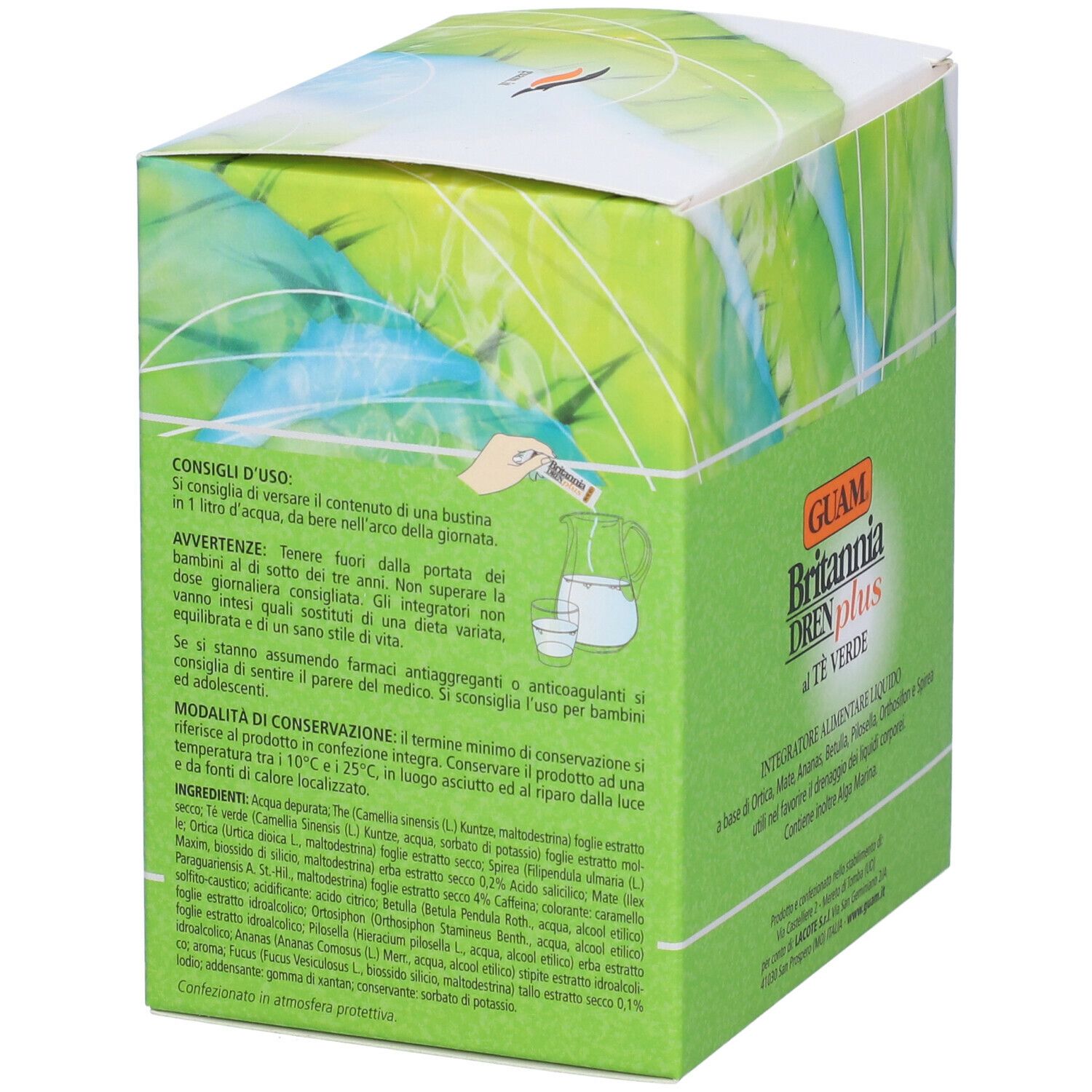 GUAM Britannia Dren Plus Al Tè Verde. Scatola con istruzioni e ingredienti.
