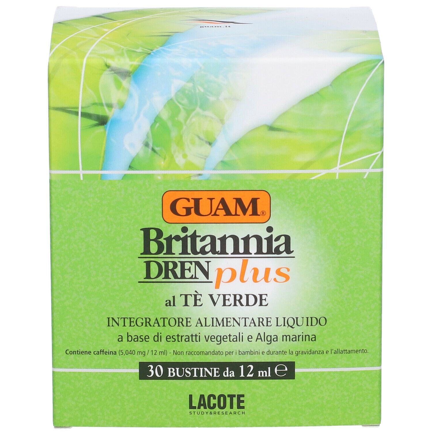 GUAM Britannia Dren Plus Al Tè Verde. Scatola verde con informazioni.
