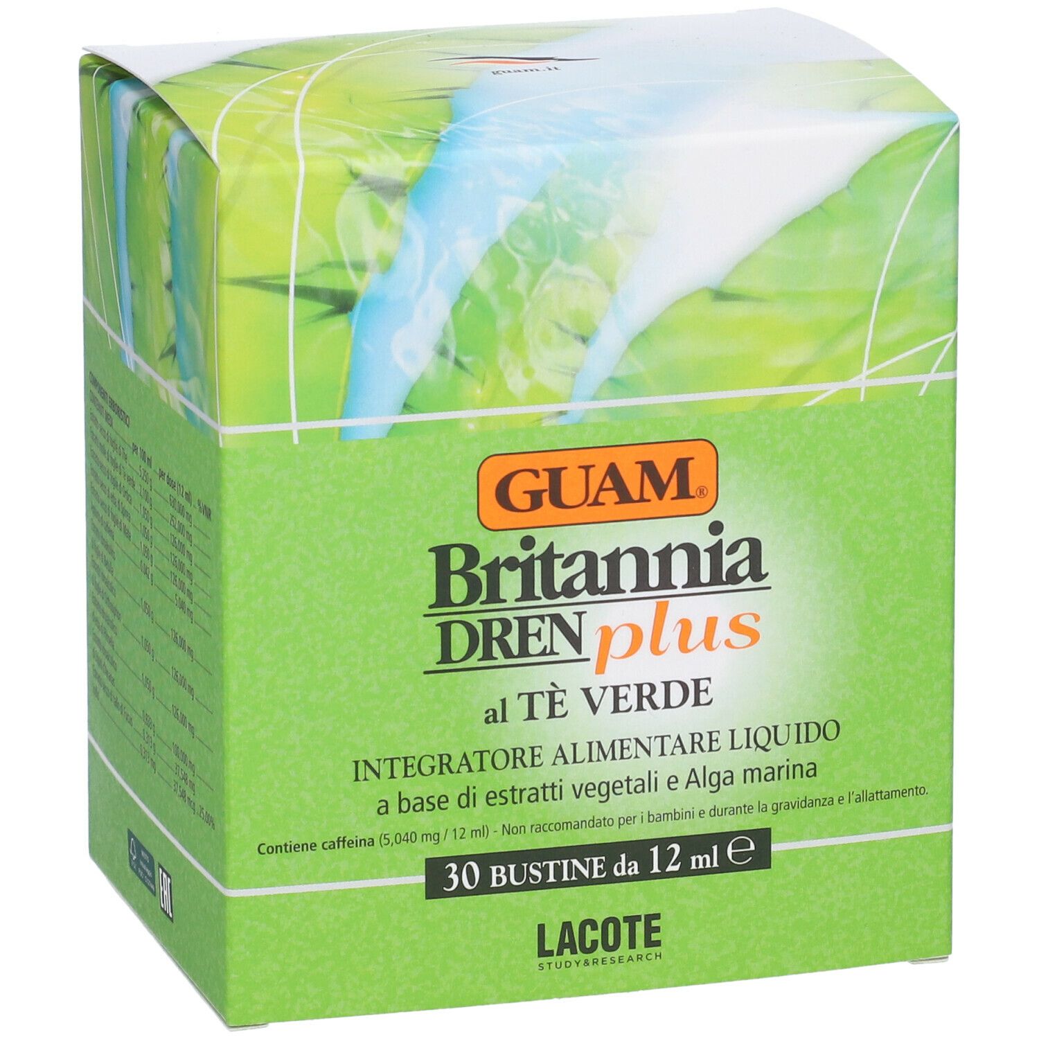 GUAM Britannia Dren Plus Al Tè Verde. Scatola verde con informazioni.