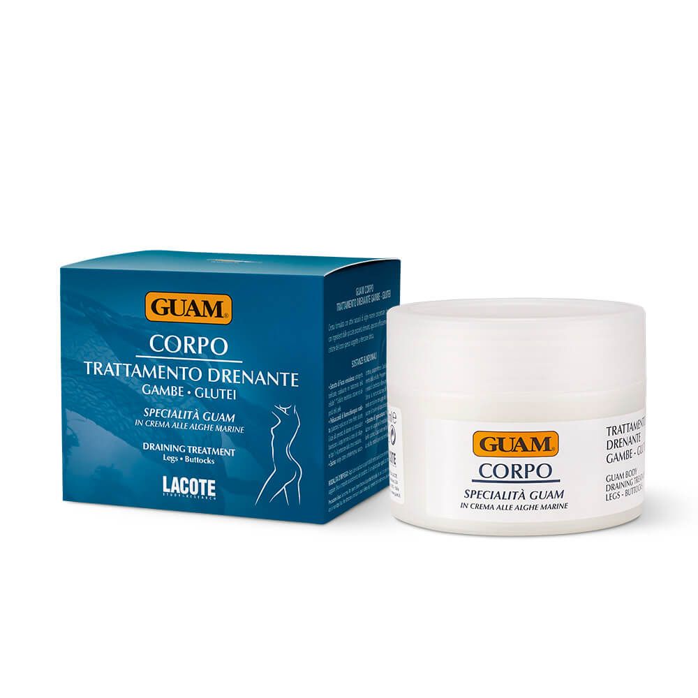 Vaso di crema bianco con confezione blu. Scritta: GUAM, CORPO, Trattamento drenante, Gambe-Glutei. Lacote.