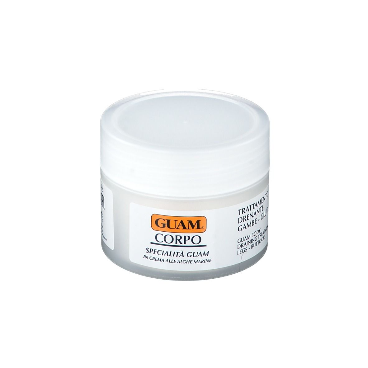 Vaso di crema bianco con coperchio bianco. Scritta: GUAM, CORPO, Specialità Guam in crema alle alghe marine.