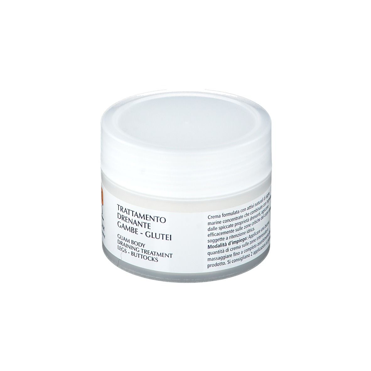 Vaso di crema bianco con coperchio bianco. Scritta: Trattamento drenante Gambe-Glutei. Guam Body Draining Treatment Legs-Buttocks.