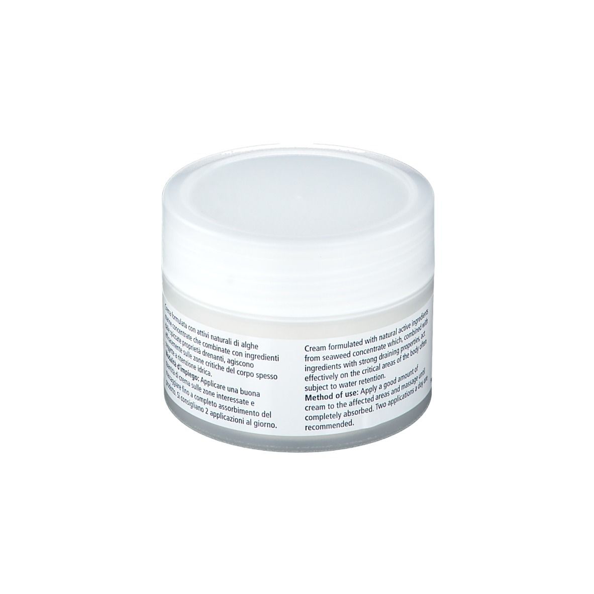 Vaso di crema bianco con coperchio bianco. Scritta: Testo in italiano e inglese. Informazioni sull'uso.