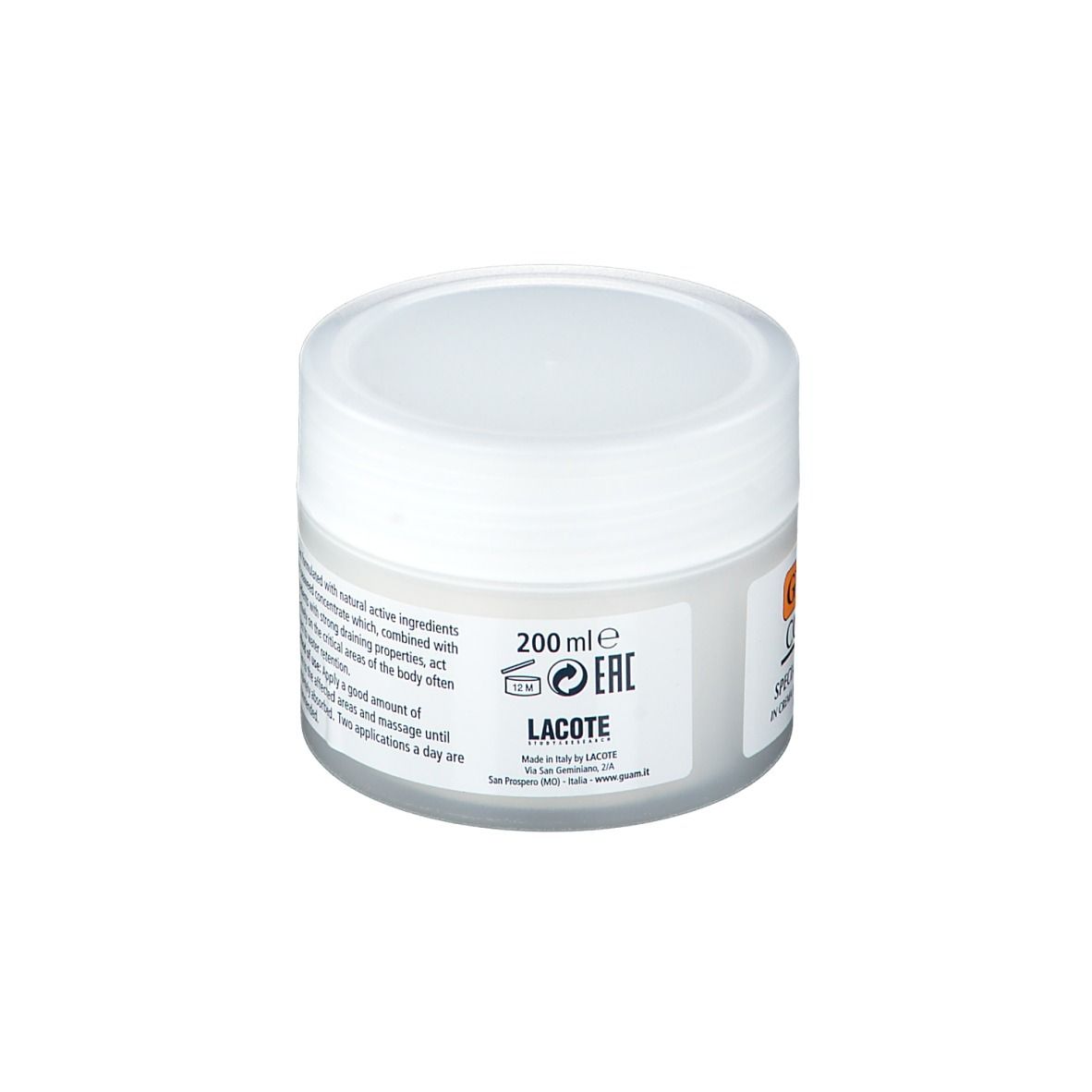 Vaso di crema bianco con coperchio bianco. Scritta: 200 ml, Lacote, Eac. Testo in italiano e inglese.