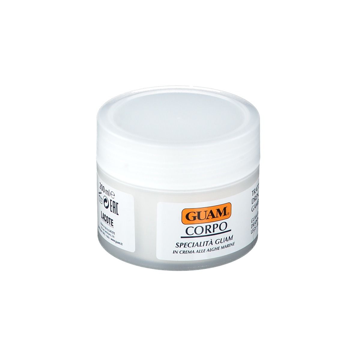Vaso di crema bianco con coperchio bianco. Scritta: GUAM, CORPO, Specialità Guam in crema alle alghe marine.