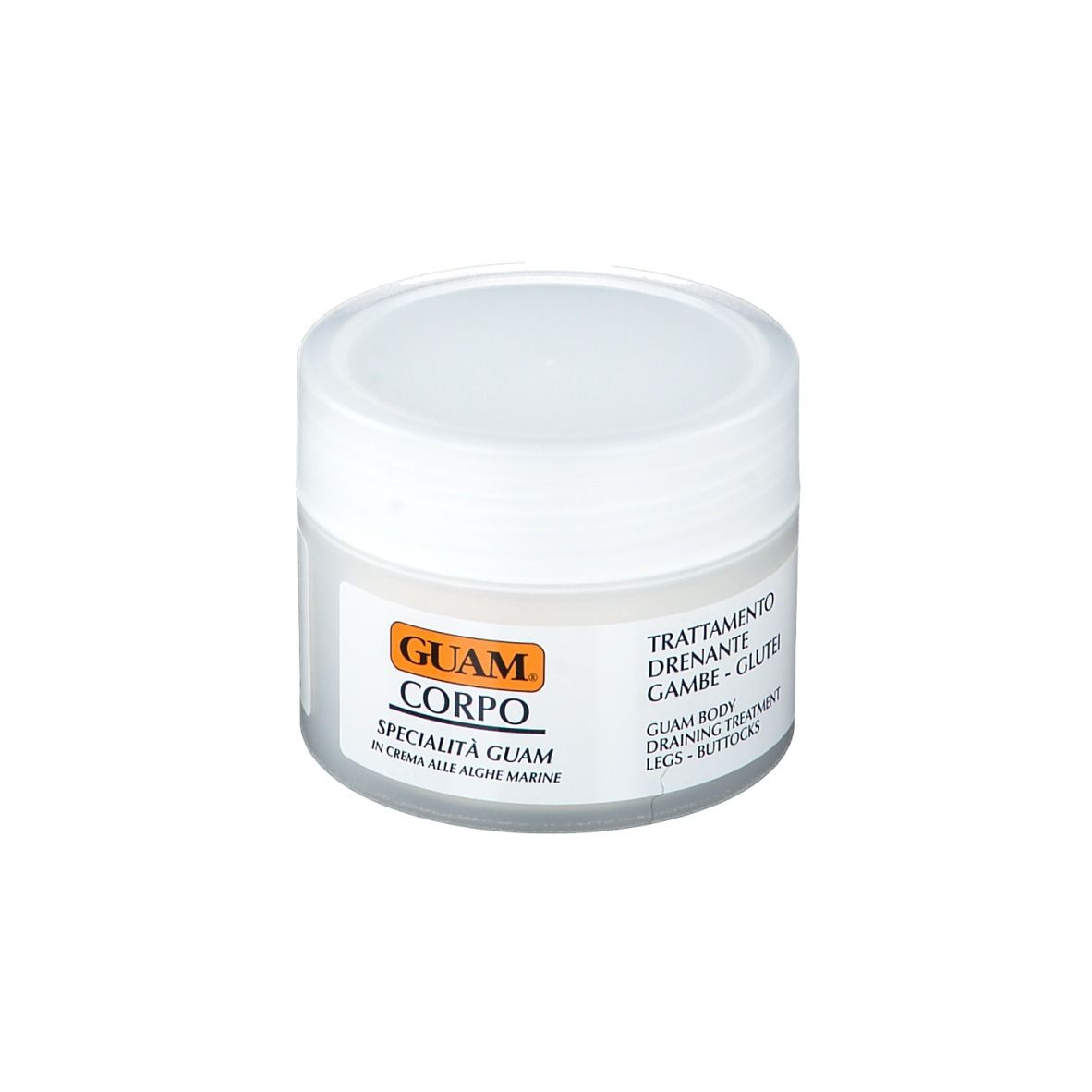 Vaso di crema bianco con coperchio bianco. Scritta: GUAM, CORPO, Specialità Guam in crema alle alghe marine. Trattamento drenante.