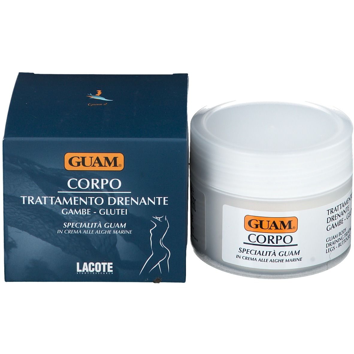 Vaso di crema bianco e confezione blu. Scritta: GUAM, CORPO, Trattamento drenante, Gambe-Glutei. Lacote.