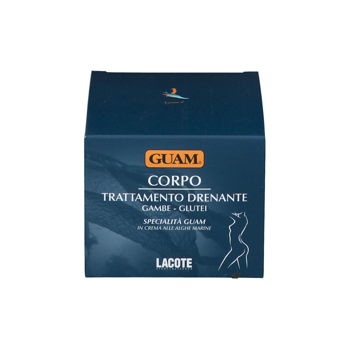 Confezione blu. Scritta: GUAM, CORPO, Trattamento drenante, Gambe-Glutei. Lacote. Immagine di una donna.