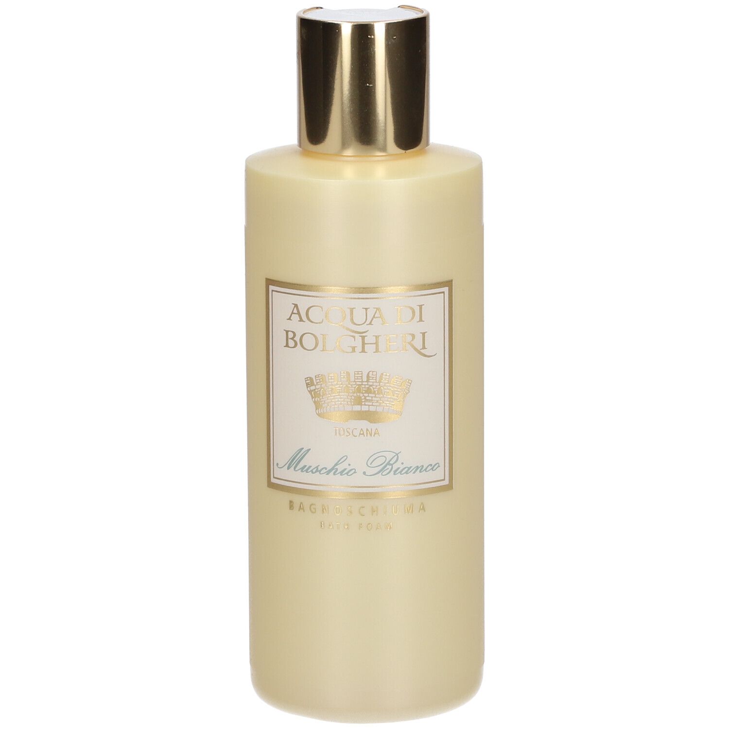 Flacone beige con tappo dorato. Etichetta con testo: ACQUA DI BOLGHERI, Muschio Bianco. Bath Foam.
