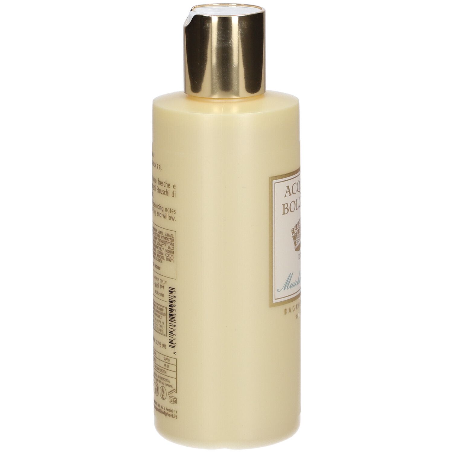 Flacone beige con tappo dorato. Testo e codice a barre sul lato. ACQUA DI BOLGHERI, Muschio Bianco.