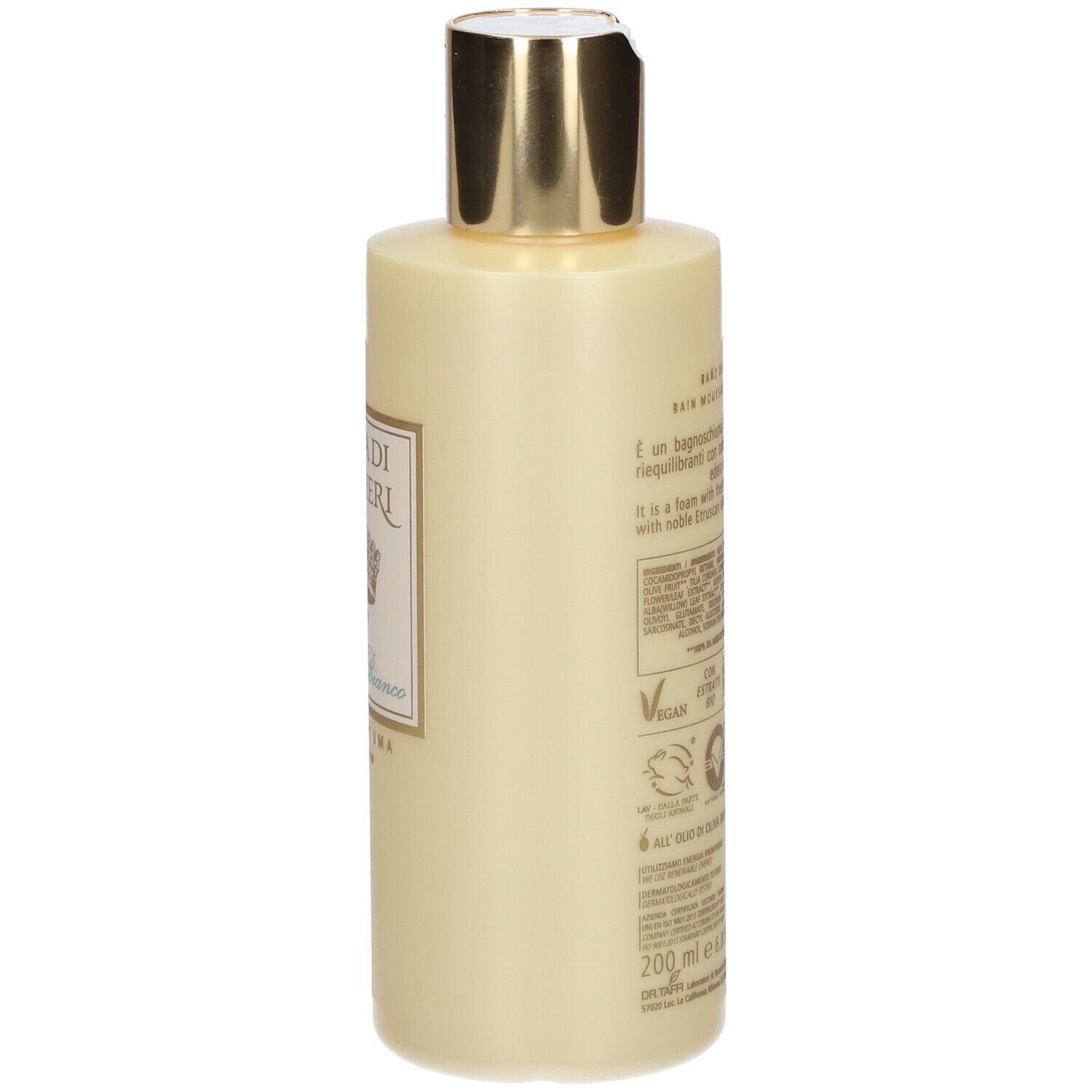 Flacone beige con tappo dorato. Testo e loghi sul lato. ACQUA DI BOLGHERI, Muschio Bianco.