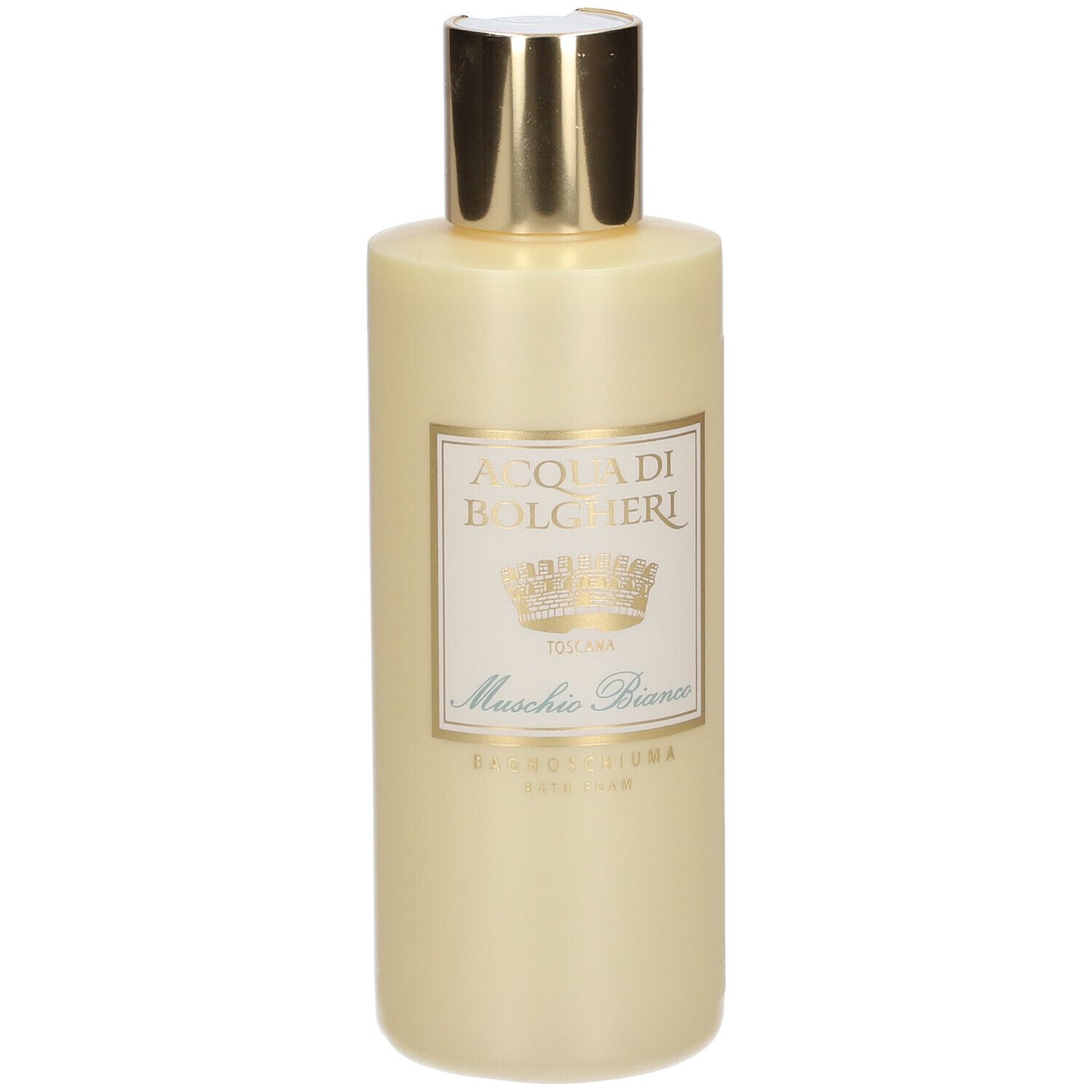 Flacone beige con tappo dorato. Etichetta con testo: ACQUA DI BOLGHERI, Muschio Bianco. Bath Foam.