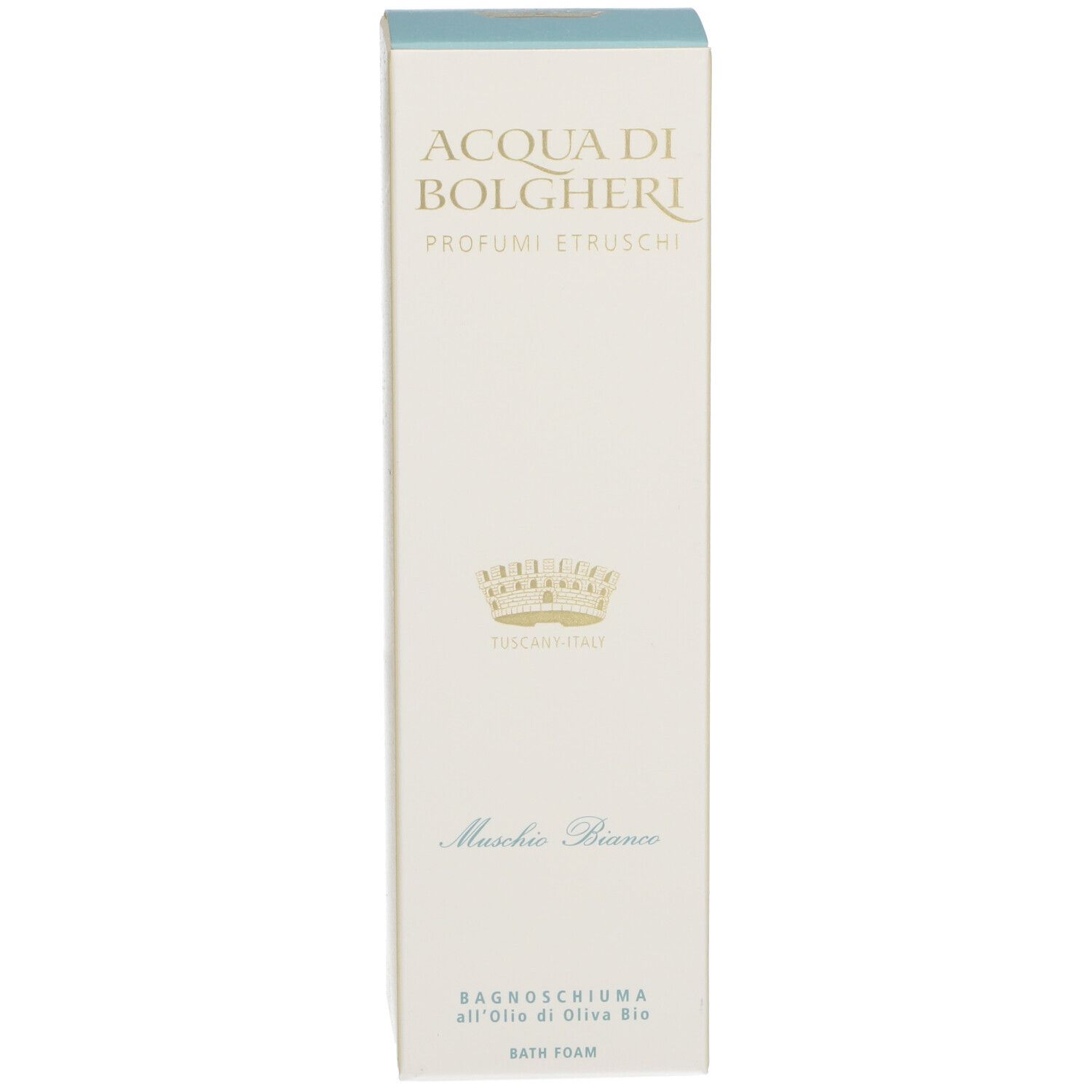 Confezione in cartone alta e stretta. Testo: ACQUA DI BOLGHERI, Muschio Bianco. Bath Foam.