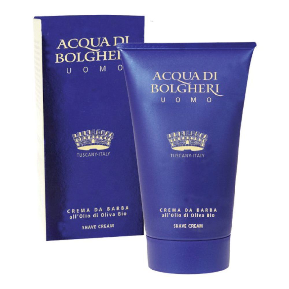 Tubo e scatola blu con testo. ACQUA DI BOLGHERI Uomo Crema da Barba. Olio d'oliva.