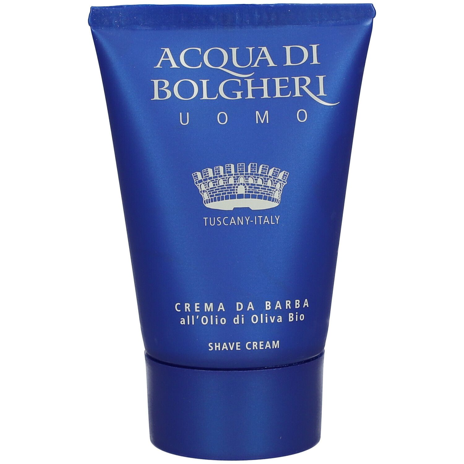 Tubo blu con testo. ACQUA DI BOLGHERI Uomo Crema da Barba. Olio d'oliva.