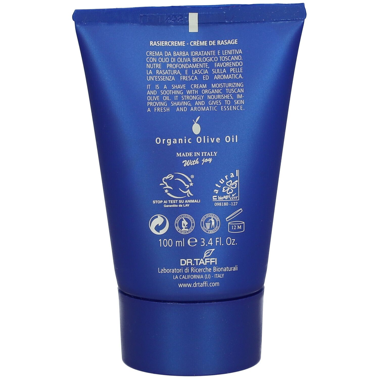 Retro di un tubo blu. Testo: Crema da barba, olio d'oliva, ingredienti, certificazioni.