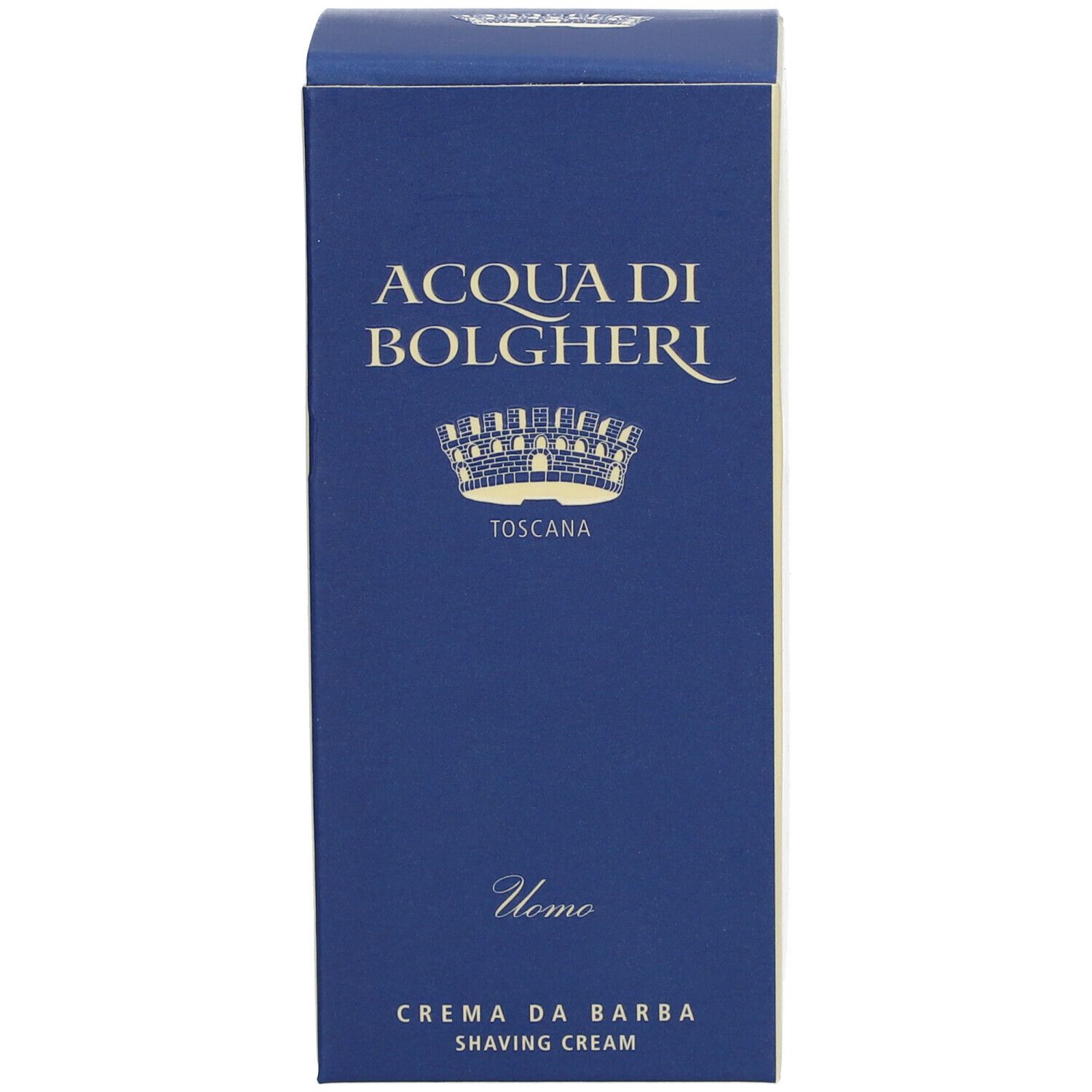 Scatola blu con testo. ACQUA DI BOLGHERI Uomo Crema da Barba. Toscana.